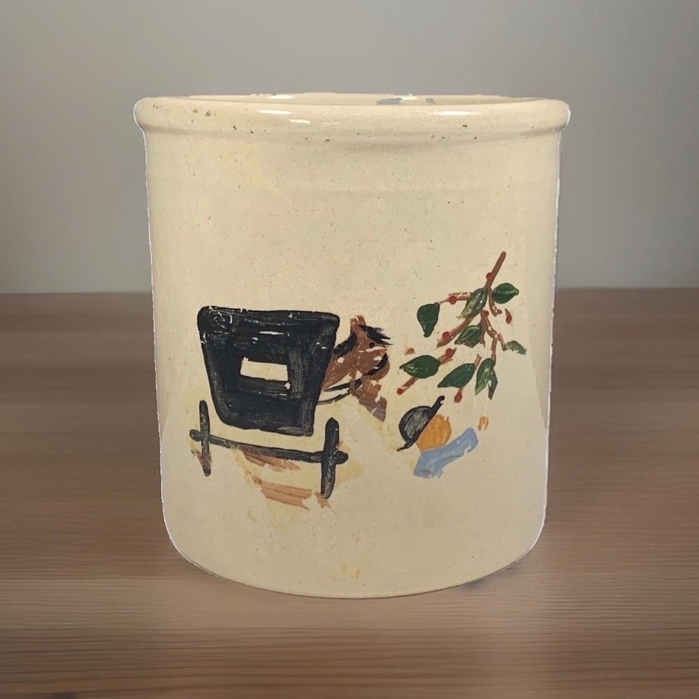 Stoneware Crock Hand Painted Horse Carriage Floral Country Farmhouse Folk Art